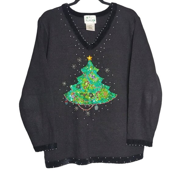 Vintage The Quacker Factory Holiday Christmas Tree Sweater Large Black Beaded Kn - Picture 1 of 6